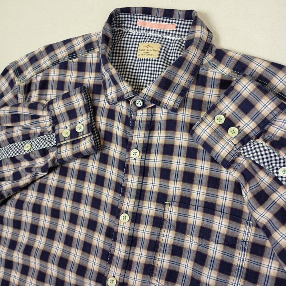 Tommy Bahama Mens XL Navy Blue Plaid Button Up LS Flip Cuff Cotton Shirt